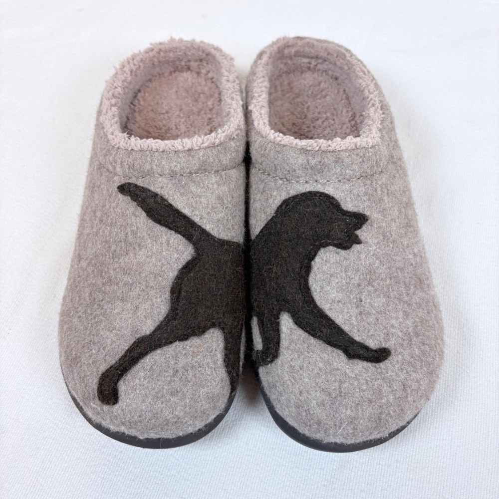 LL Bean Women Daybreak Scuffs Sz 7 Tan Grey Wool Black Lab Dog Slippers Mules
